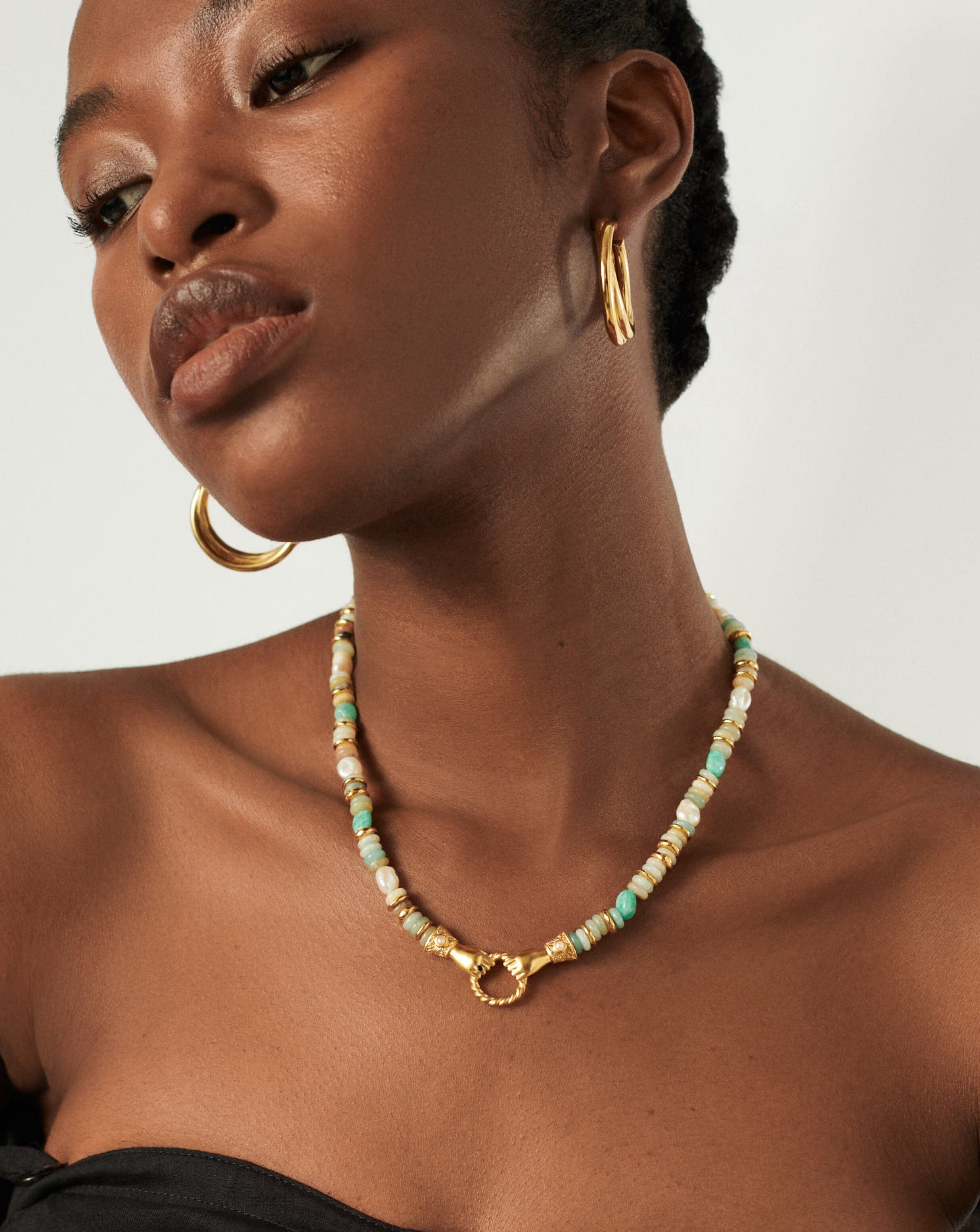 Harris Reed In Good Hands Chunky Beaded Gemstone Necklace | 18ct Gold Plated/Multi Amazonite & Pearl Necklaces Missoma 